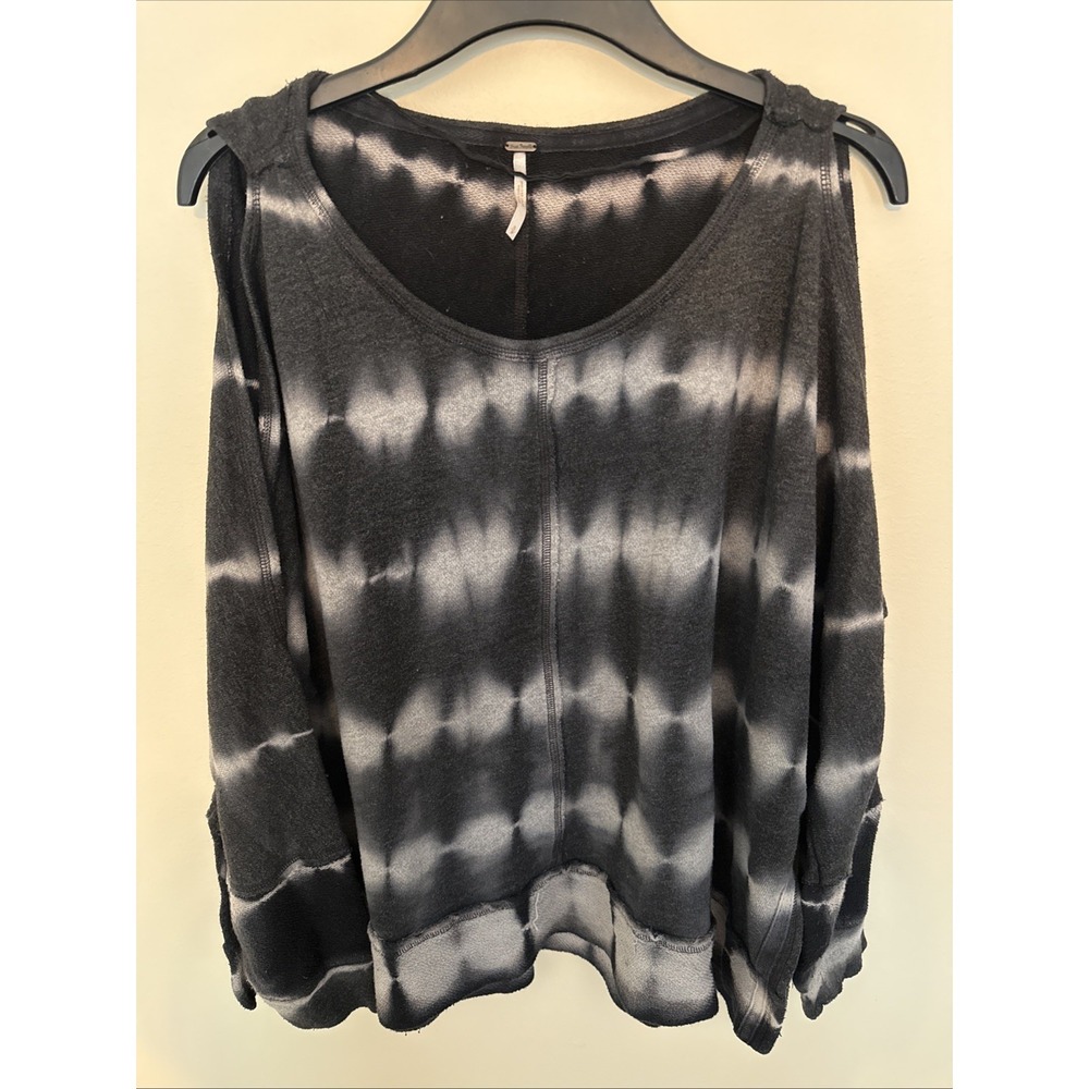 Free People Tie Dye Cold Shoulder Terry Oversized Pullover SIZE Small Black